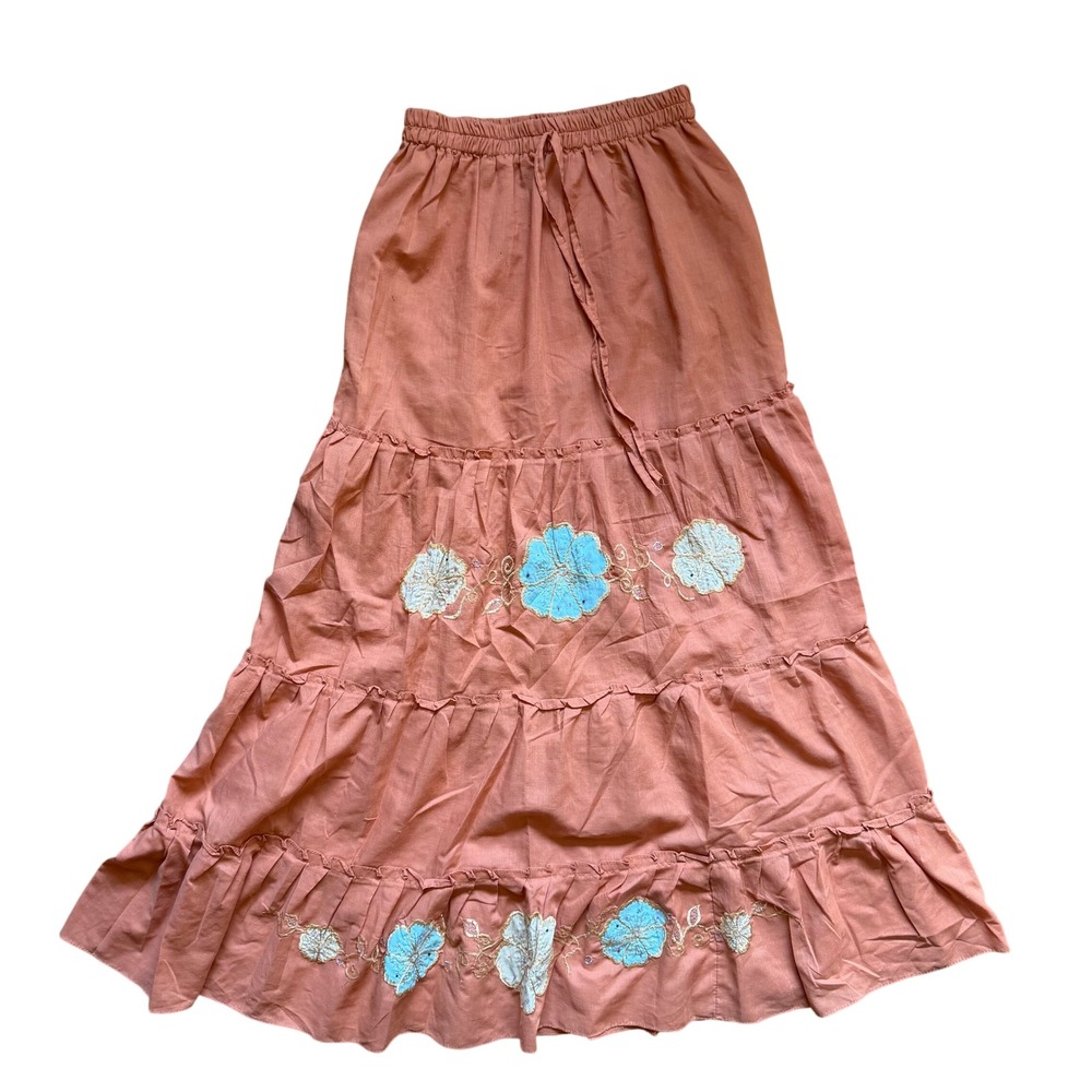 OOAK Vintage Tiered Maxi Skirt Orange Floral Boho Cottagecore Hippie Festival‎
